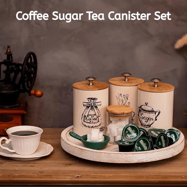 Set med 3 förvaringsburkar 740 ml med bambulock, metall, beige, för kaffe, socker och te