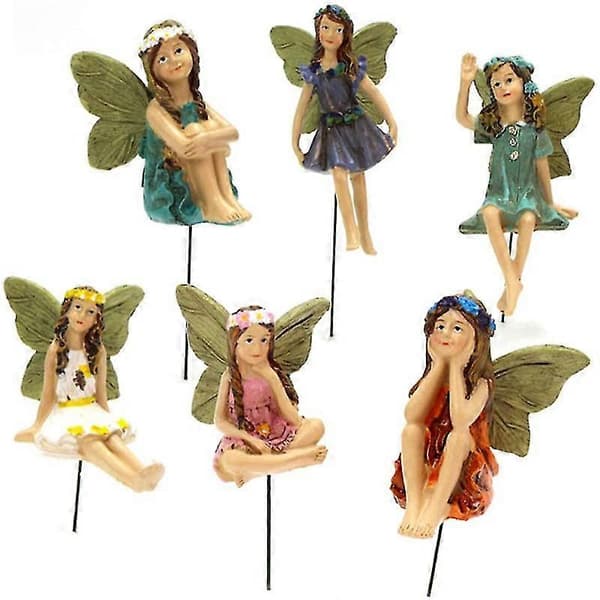 6 stk. Fe-minifigurer, havetilbehør, udendørs havefe-statuer