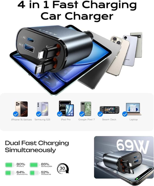 Infällbar billaddaradapter 69W cigarettändare USB-C snabbladdare för telefon