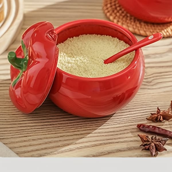 Tomato-shaped ceramic spice jar with lid for salt, sugar, and spices