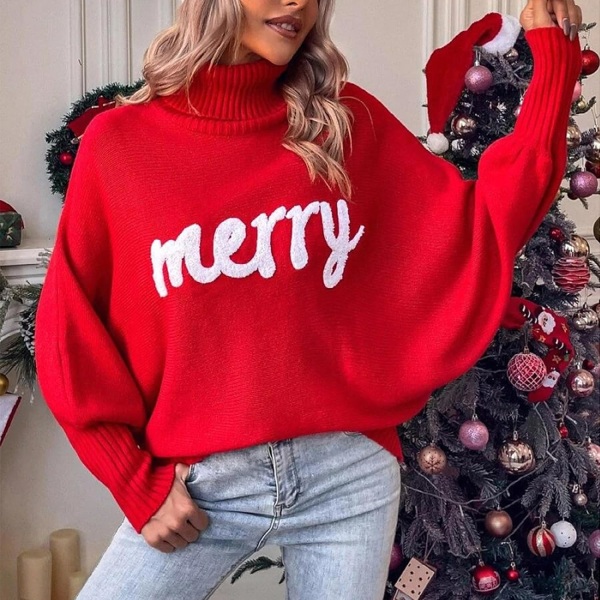 Dame Merry Sweaters Turtleneck Langermet Brevtrykk Løs strikket Pullover Merry Christmas Swea Large Z Black