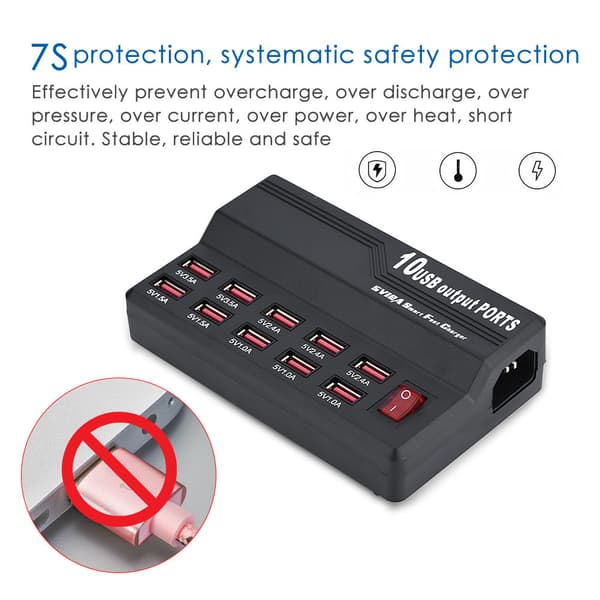 60W 10-Port USB Desktop Phone Charger Adapter (US)
