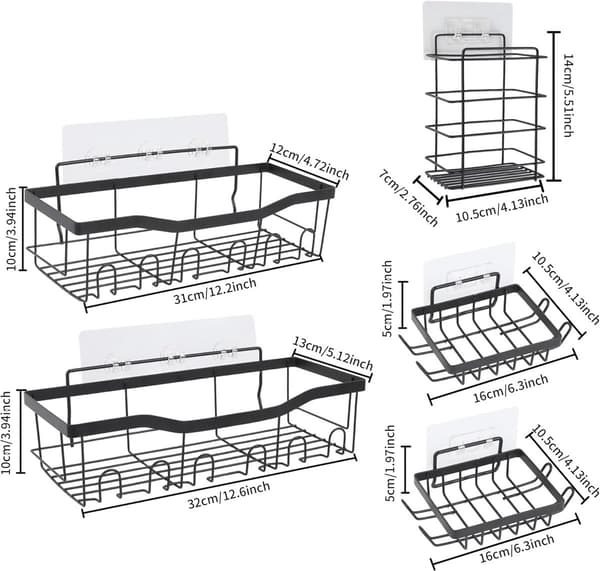 Black 5-Piece Shower Caddy - Drill-Free, Self-Adhesive, Rustproof, for Bathroom, Kitchen