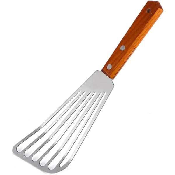 Metallspatel med spor for non-stick panner, egnet for matlaging, grilling og steking av egg