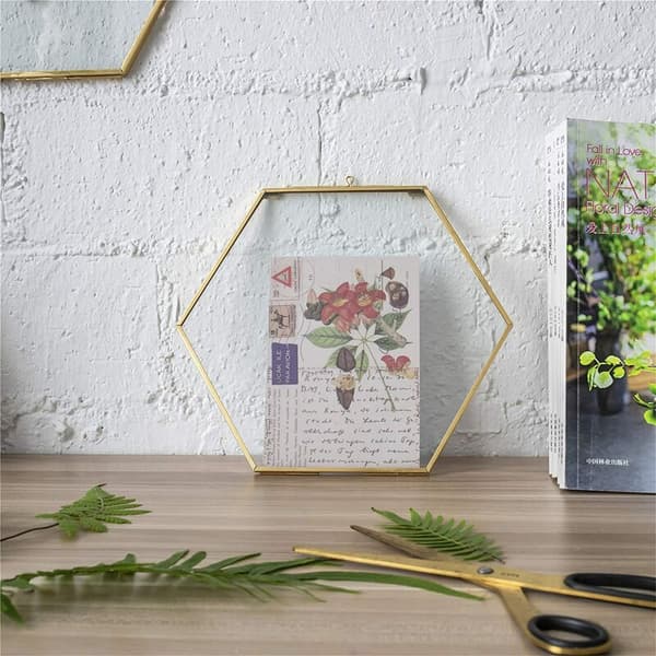 Hængende sekskantet herbarium messingglasramme til pressede blomster, tørrede blomster, dobbelt glas, flydende ramme stil