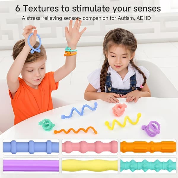Sensoriske fidget-legetøj til børn og voksne - 6 stk. fleksible fidget-pinde til angst, stresslindring, ADHD - Stille legetøj til klasseværelset og kontoret