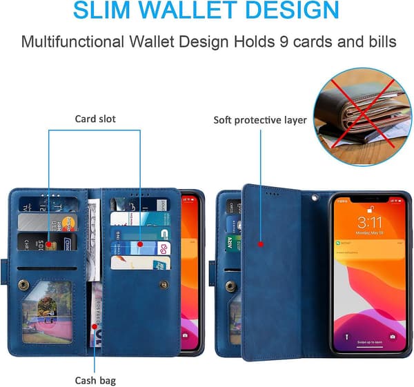 Wallet Case for iPhone SE 2022 5G/iPhone 7/iPhone 8/iPhone SE 2020, 9 Card Slots Handbag Case PU Leather Case Blue