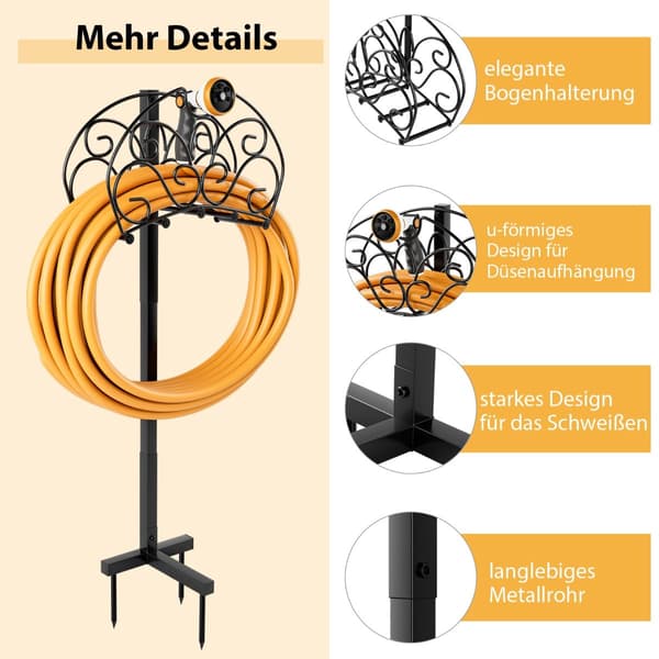 Fritstående haveslangeholder, metal, sort, 45 m kapacitet