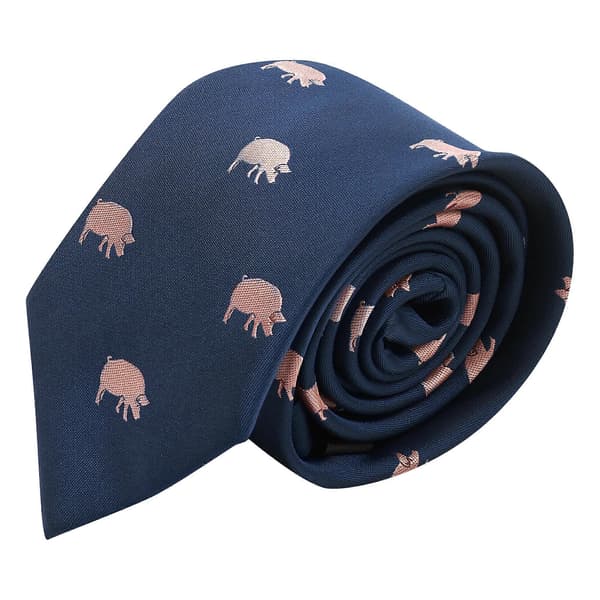 Marineblått slips med brodert grisemotiv