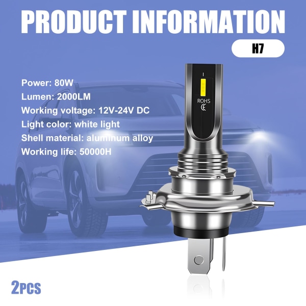 2 stk. LED-tågeforlygtepærer til bil, H4 H7 H8 H11 LED-forlygtepæresæt, udskiftningspærer til køretøjsbelysning, universel tågeforlygte White Light H7