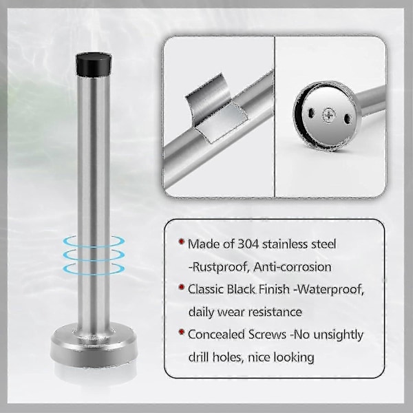 Dørstopper, 15 cm lang dørstopper, veggmontert, kraftig solid svart dørstopper børstet rustfritt stål med myk gummiknott - Perfekt Silver 6 Inch*2
