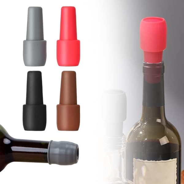 Wine Bottle Stoppers, 4 Pieces, Silicone, Red, Black, Grey and Brown, Reusable (4 Items)