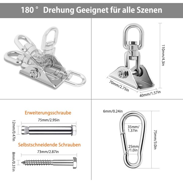 Krog 180° drejelig, rustfrit stål, kraftig loftmontering