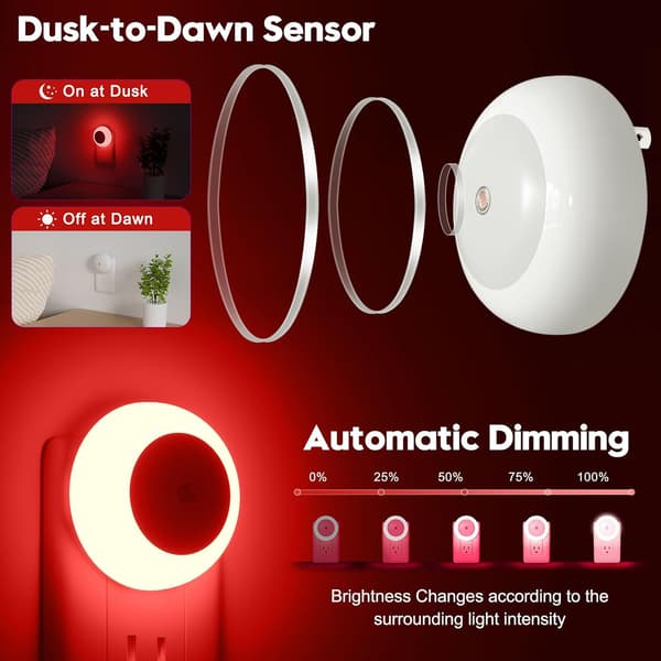 Night light with dusk sensor, red LED for bedroom, bathroom, hallway, kitchen, nursery, adults-FY-