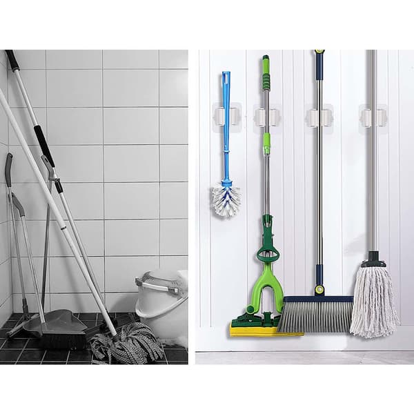 Self-adhesive Broom and Mop Holder Wall Mounted Plastic Organizer for Kitchen and Bathroom White