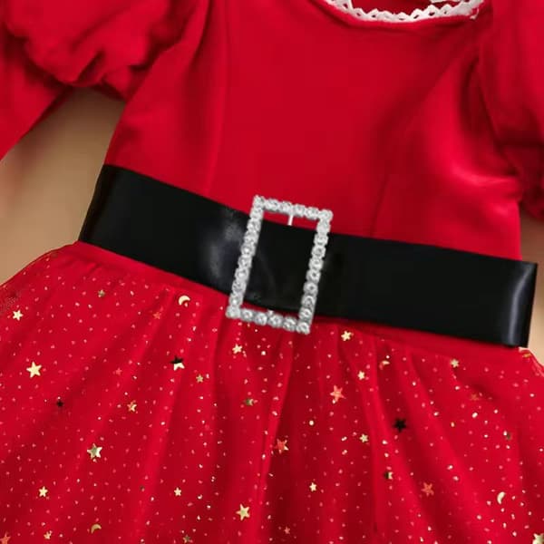 Julklänning för flickor: Puffärm Stjärntyll Prinsessklänning med rosett - Röd 100cm Red 100cm