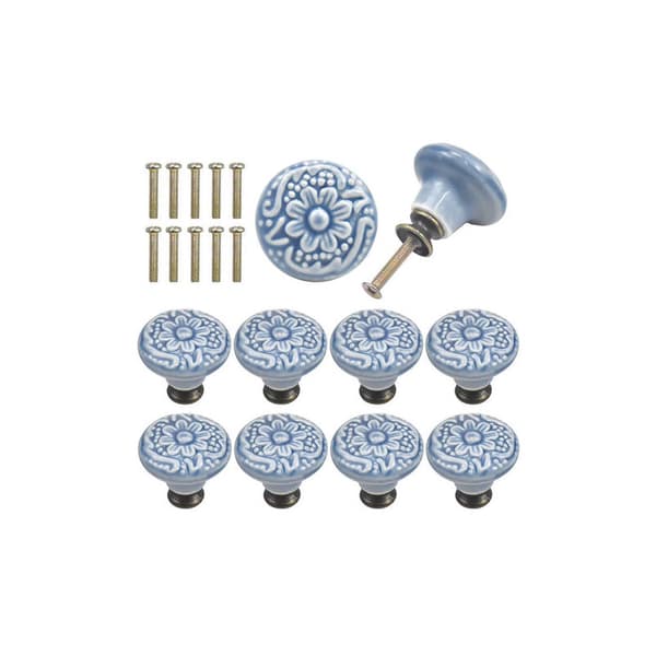 10 Pcs Ceramic Drawer Knobs Vintage Engraving Round Cabinet Door Handles with Screws Blue