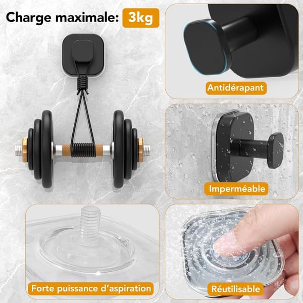 Powerful Suction Cup Hooks, 4-pack Black, No Drilling, Stainless Steel for Kitchen and Bathroom, Smooth Surfaces