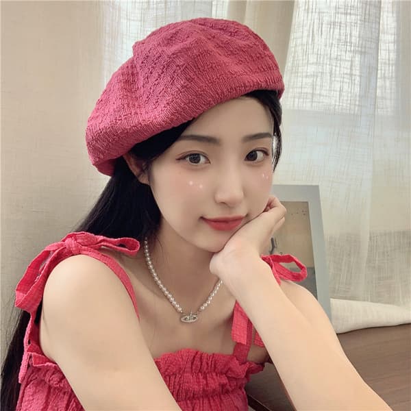 Simple Textured Beret for Women, Breathable, Versatile, Soft and Trendy Painter Hat Rose Red