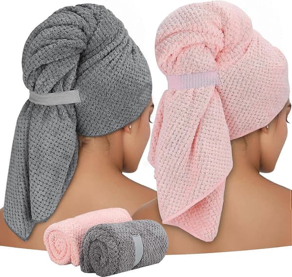 2-pak Mikrofiber Hårhåndklæde til Langt Hår, Stor Hårturban til Piger, Hurtigtørrende Superabsorberende Hårtørringshåndklæde