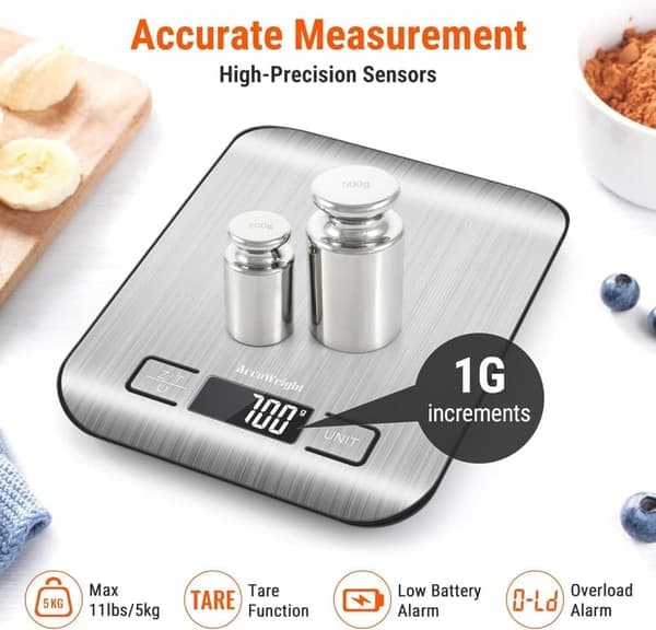 Kitchen Scale, Pocket Scale, Stainless Steel, 1g-5kg, Tare Function and LCD Display – Scale for Food and Coffee