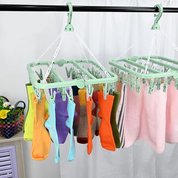 Sock Drying Rack, Hanging Clothes Dryer with 32 Windproof Clips, Foldable Sock Drying Rack Lingerie for Socks, Underwear