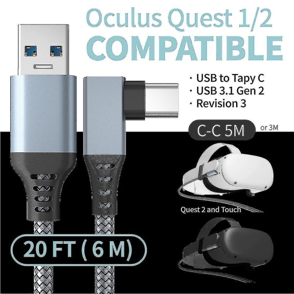 Länkkabel för Oculus Quest 2, snabbladdande PC-dataöverföring USB C 3.2 Gen1 5gbps Pd-överföringsladdningskabel Vr Headset Länkkabel Stcyv 3M Grey