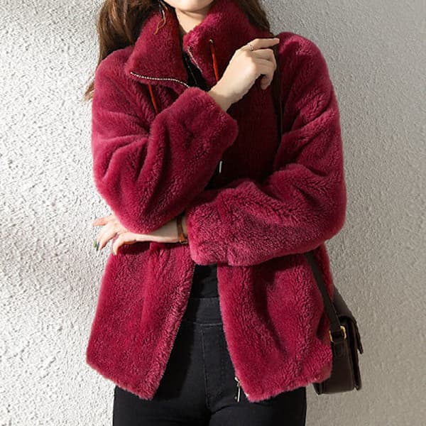 Fleece Fluffy Teddy Bear Jacket for Women Plain Pocket Jacket Outerwear Red L RED L L RED