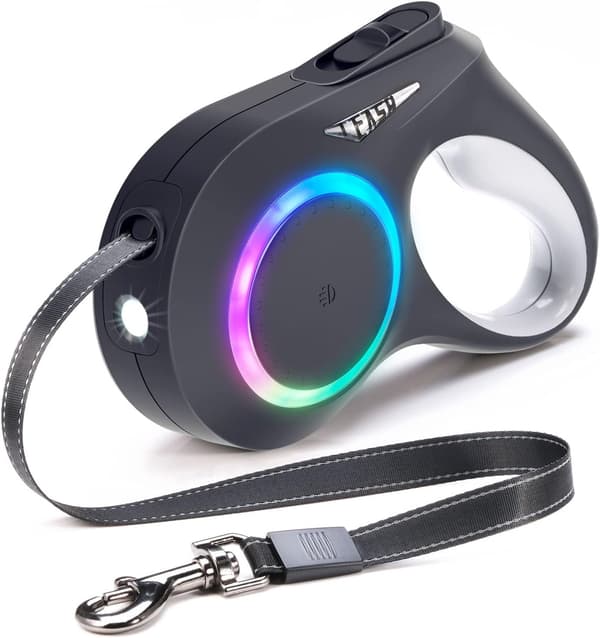 Retractable Dog Leash - 16ft Retractable Leash with LED Light - Rechargeable, Tangle-Free, and Non-Slip Handle Leash (Black)