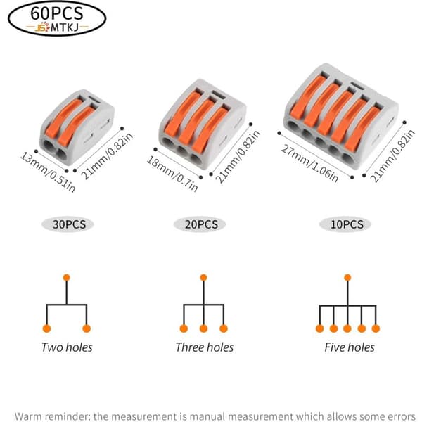 60 Pcs Electrical Connectors with Lever, Quick Wire Connector, Automatic Connection Terminals, 30 Pcs 2-way, 20 Pcs 3-way, 10 Pcs 5-way