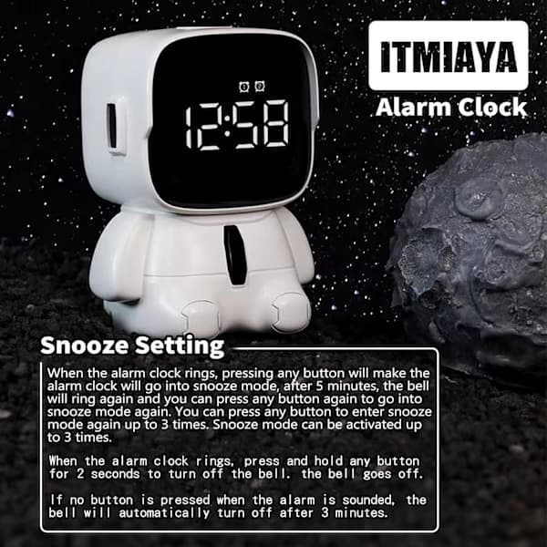 ITMIAYA Digital väckarklocka för barn, LED 12/24H, 5 ringsignaler, Snooze, Vit