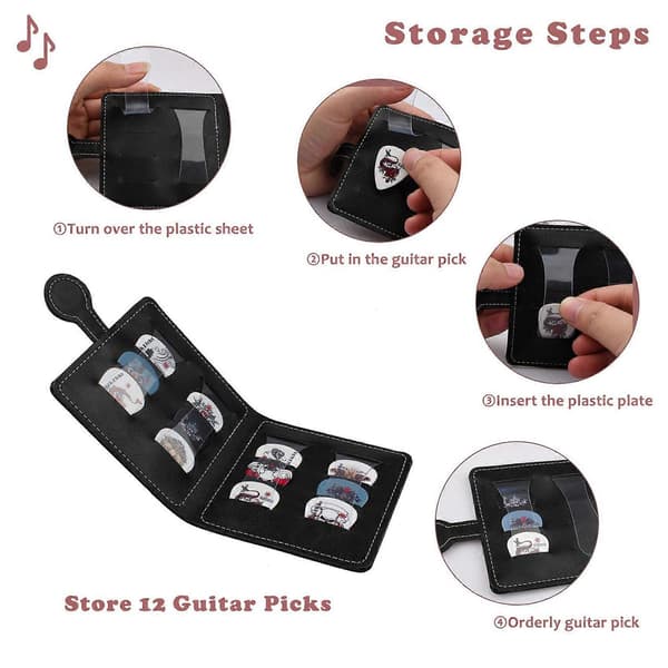 Wallet-style Guitar Pick Holder Suitable for 6-string/4-string Guitar/Bass/Ukulele Holds 12 Picks Soft Leather