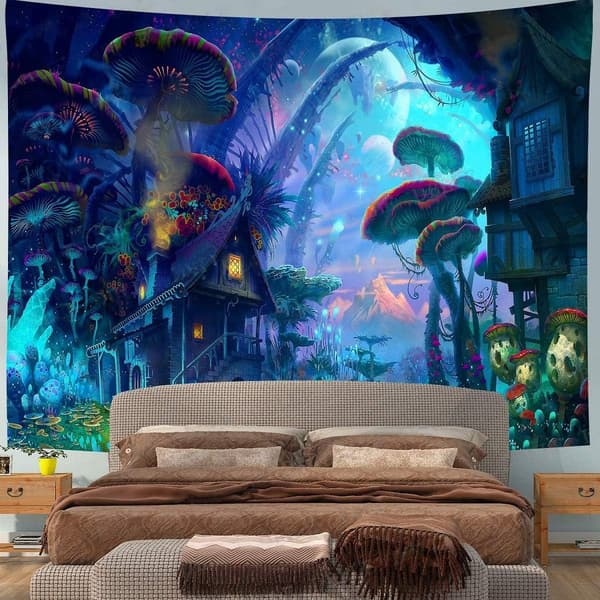 Forest House Wall Hanging, Psychedelic Tapestry Fantasy Cast