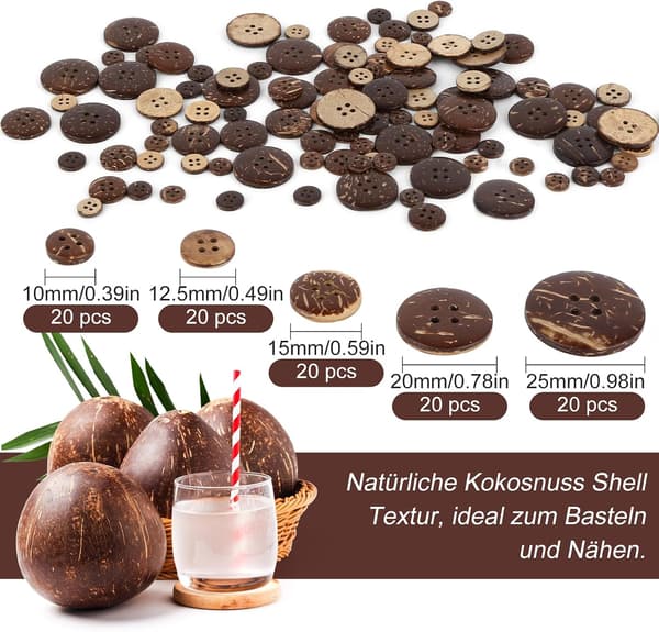 Treknapper for søm - 120 naturlige kokosnøttskall, 4 hull, 6 størrelser 10/11,5/12,5/15/20/25 mm, runde