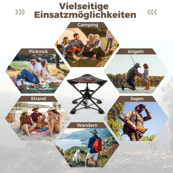Fällbar campingpall, 360° vridbar, sänkbara fötter