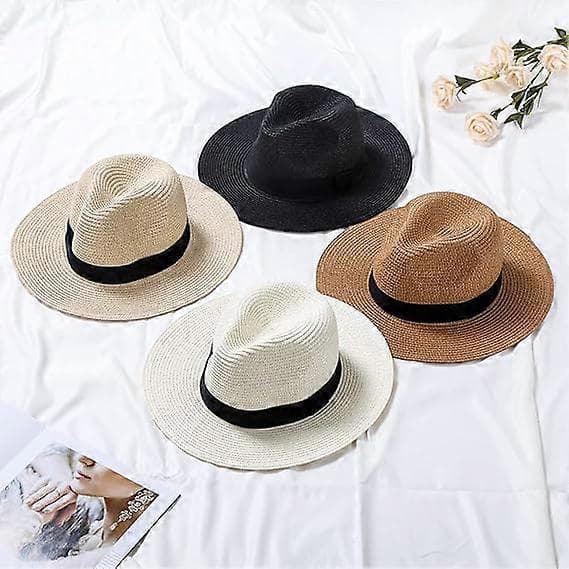 Sommarstrandshattar, Vävd Fedora Panama Hatt Rullbar Strå-Fedora Skydd UPF50+ Bred Kant Floppy Dam Stråhatt