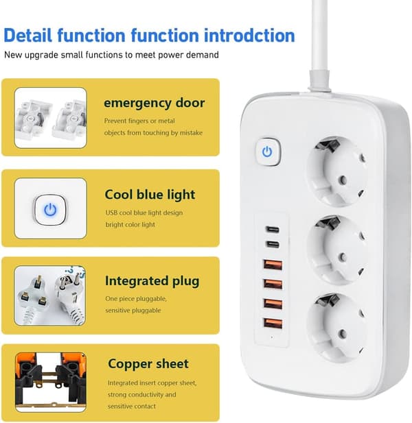 Power strip with 5 USB ports and 1 USB-C, 2m cable and main switch-FX-