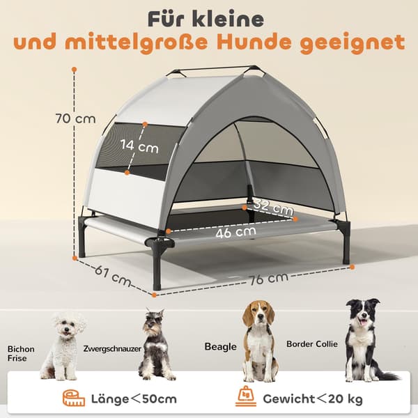 Opphøyd hundeseng med tak, ventilerende netting, bærbar