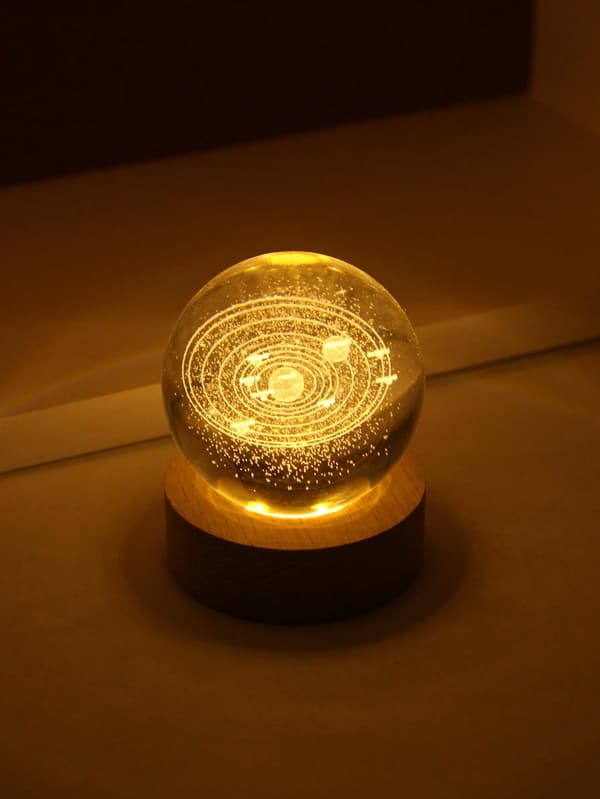 3D Solsystem Graverad Kristallkula LED Nattlampa 8 cm + 7 cm USB