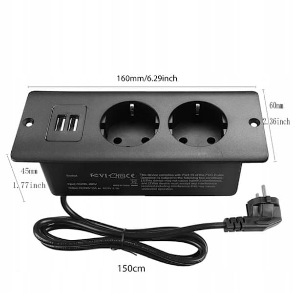 4-in-1 Power Strip - Black - 2 Power Outlets, 2 USB A Ports - 1.5m Cable - Durable with Multiple Safety Features - Hidden Mounting Design-FX-