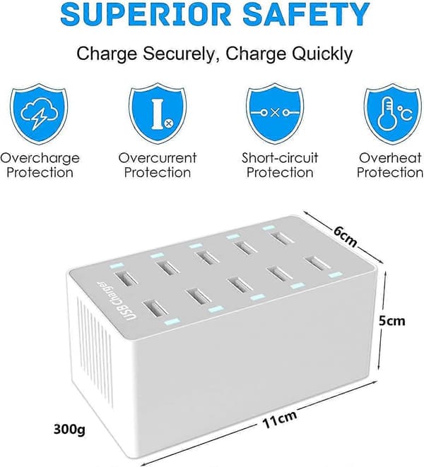USB Charging Station, 50W 10-Port USB Charging Hub, with Smart Detection