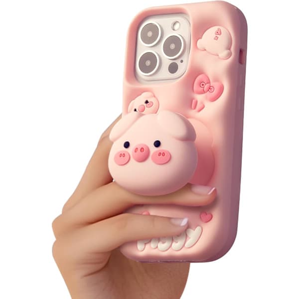 Kawaii 3D Grisefutteral med Stativ og Grep for iPhone 16 Pro Max, Søt Tegneserie Dyretelefonfutteral for Jenter, Gutter, Barn, Tenåringer og Kvinner Rosa