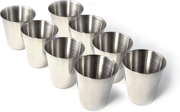 Sæt med 8 snapseglas i rustfrit stål, 60 ml, i læderetui med lynlås - FX