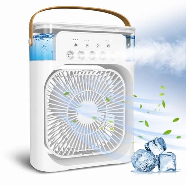 Portable Mobile Air Conditioner Mini Evaporative Air Cooler with Water Diffuser 3 Speeds, Timer, 7 LED Lights - White