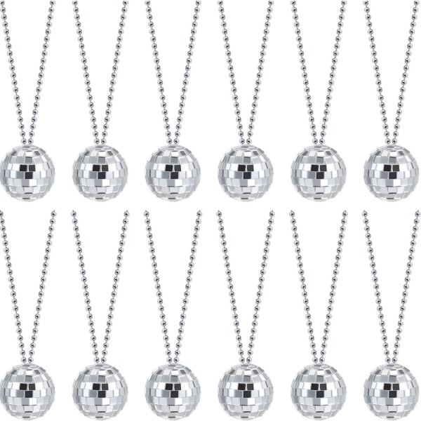 12pcs Mirrored Disco Ball Costume Necklaces 70s Disco Party Necklaces for Home Decor, 1.57 Inch Stage Props, Game Accessories, School Festivals Silver