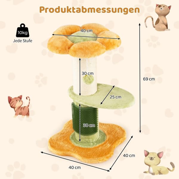 Klorestativ med plysjsete, sisalstolpe, 69 cm, gul