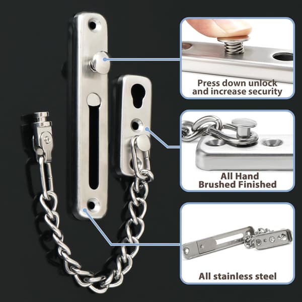Door Chain Latch, Door Chains with Security Spring, Anti-Theft Push Lock for Inside and Extra Front Door, Brushed Nickel