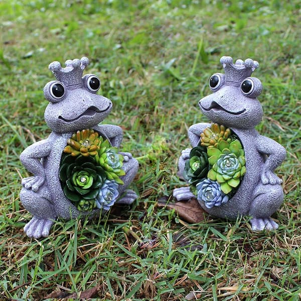 Solar Garden Statue, 17 cm Frog Figurine with Succulent and 4 LEDs