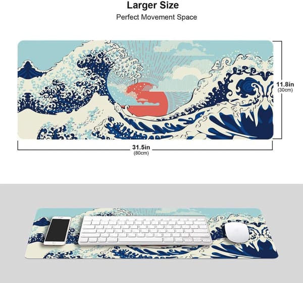 Musemåtte Japansk Storm Ocean Waves Gaming Musemåtte Udvidet Stor Musemåtte Skrivebordsunderlag Syet Kant 80x30x0.3cm