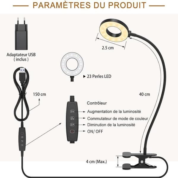 10W LED-skrivebordslampe - 3 lysmoduser - 10 lysstyrkenivåer - 360° fleksibel